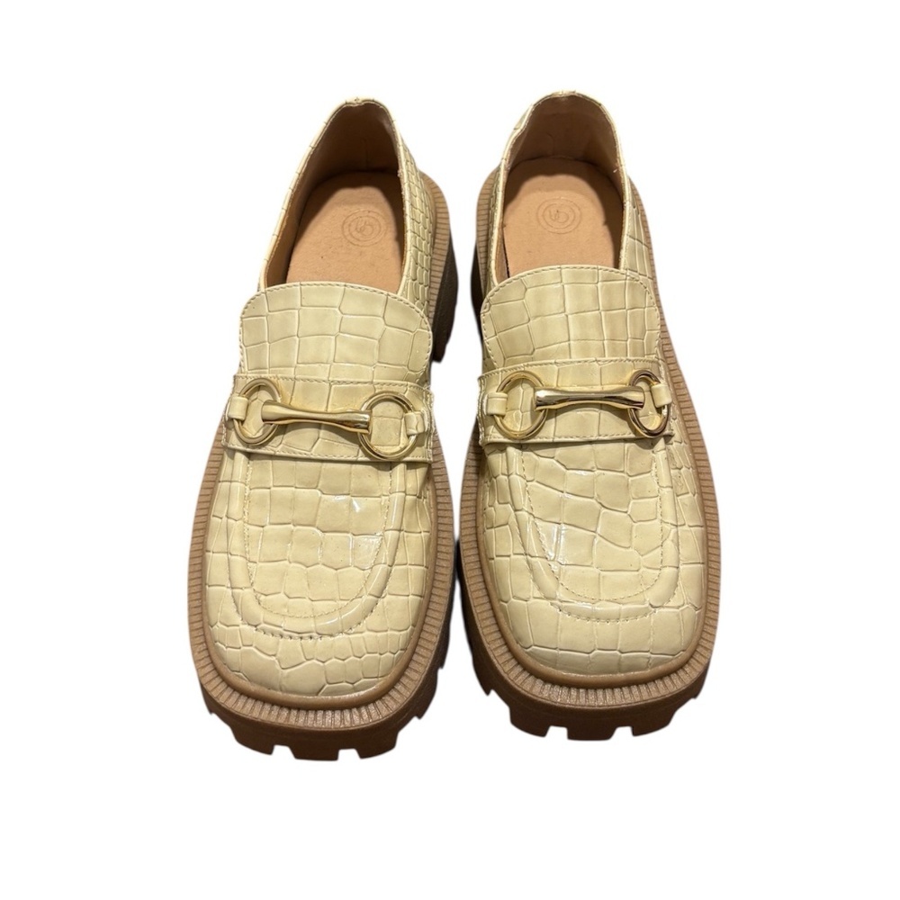 Urban Outfitters Cream Croc-Embossed Loafers with Gold Bit